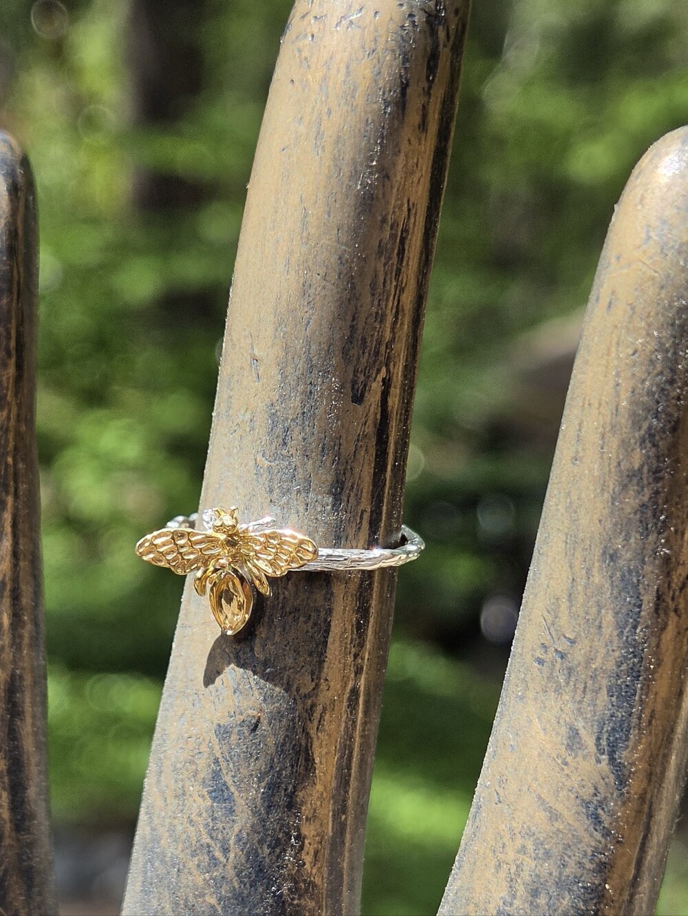 Citrine Natural Marquis Cut Sterling & Gold Bee Ring Sz6 - Picture 4 of 9